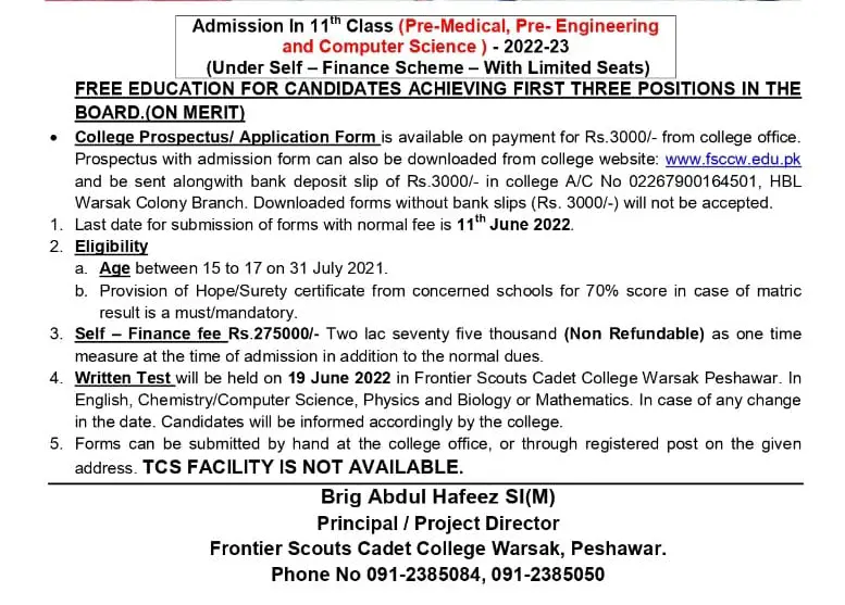 Cadet College Warsak 11th Class 2024