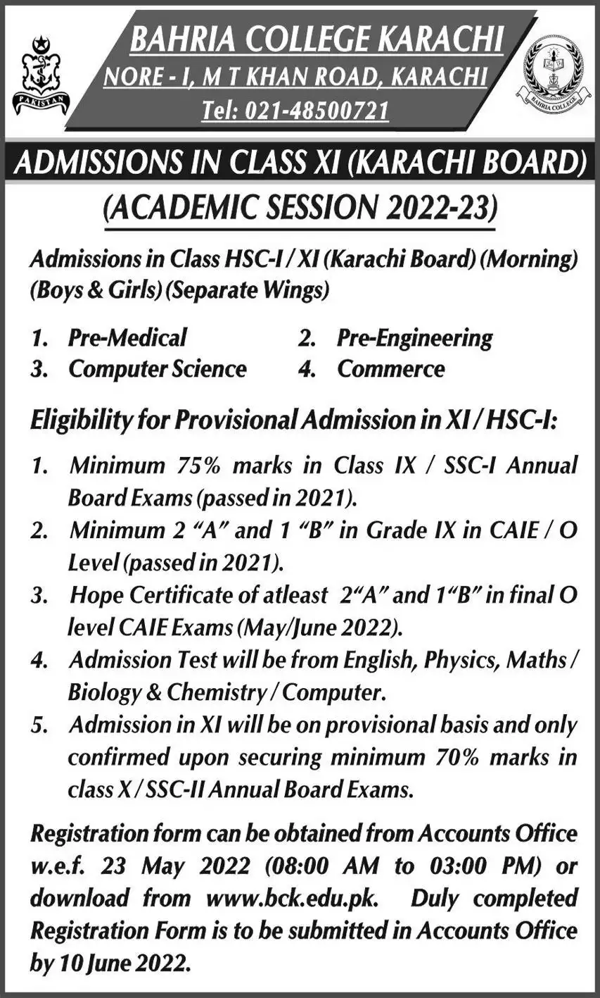 Bahria College Karachi Admission 2023