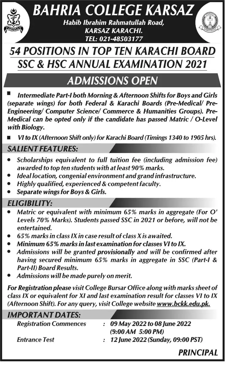 Bahria College Karsaz Karachi Admission 2024