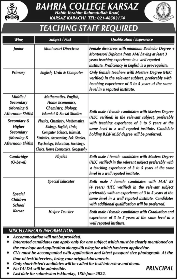 Bahria College Karsaz Karachi Jobs 2022