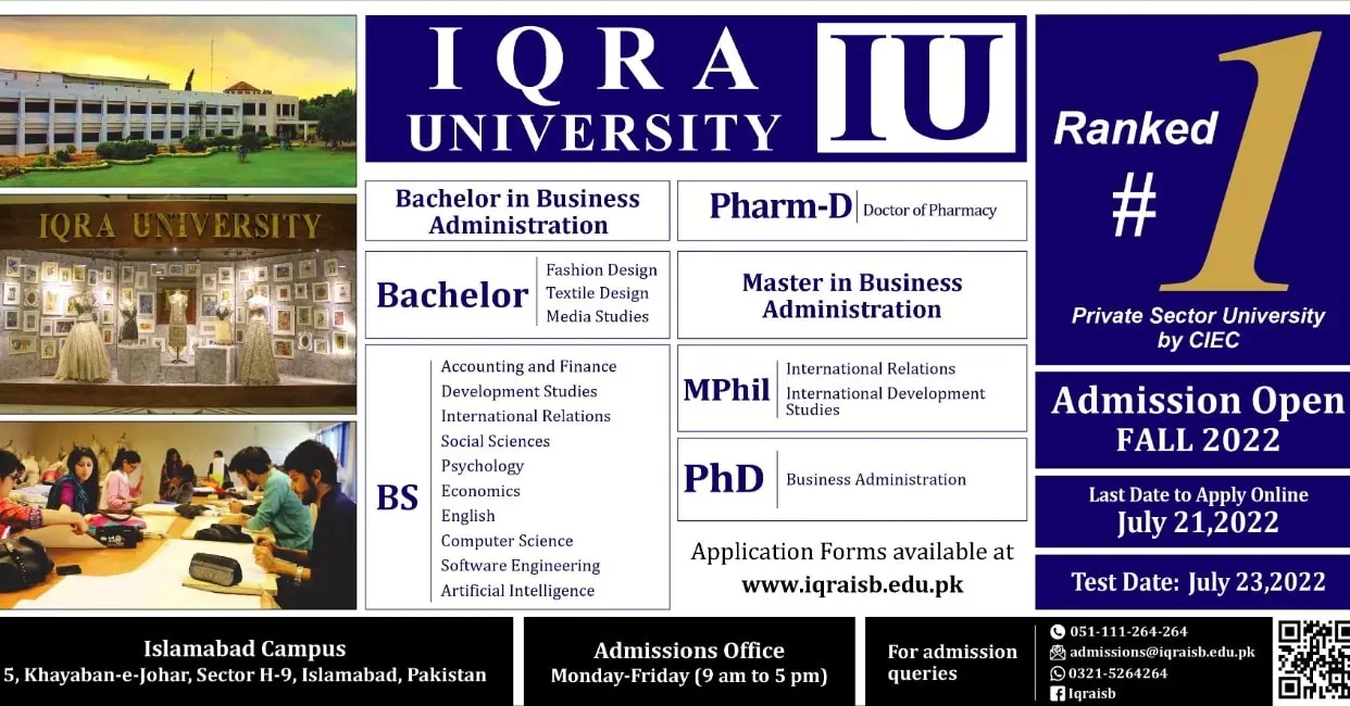 Iqra University Islamabad Admission 2023