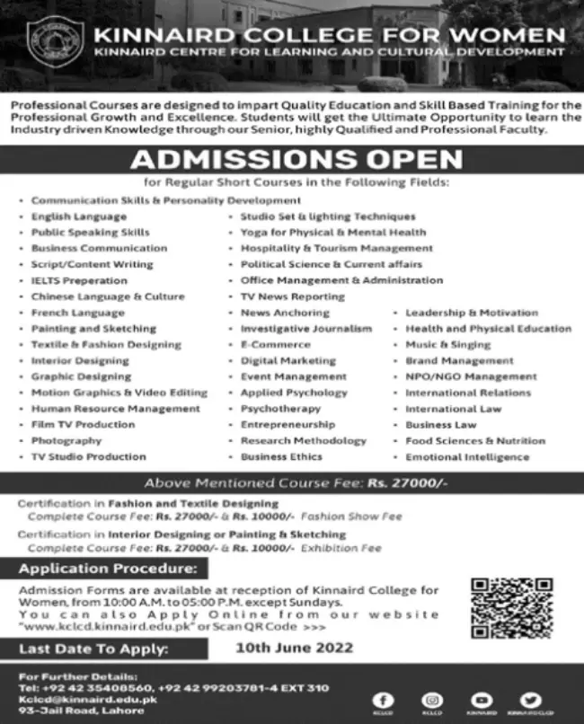 Kinnaird College for Women Lahore Courses 2024