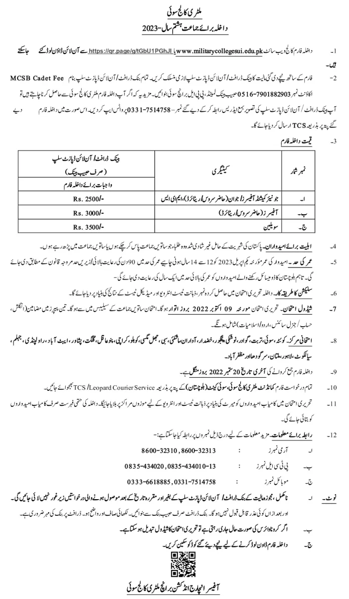 Military College Sui Admissions 2022 Result Merit List