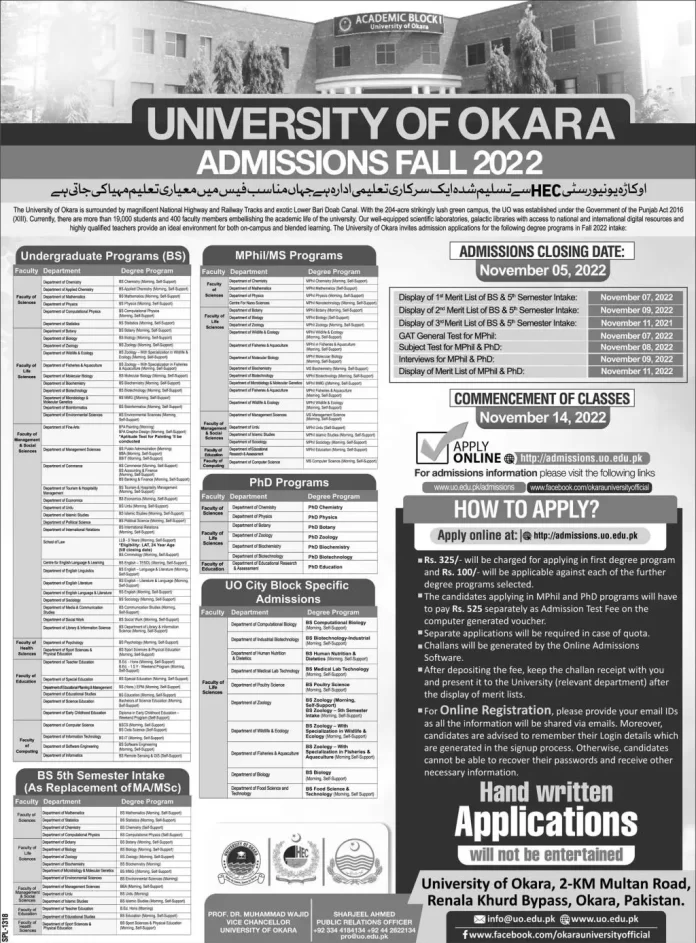 University of Okara Admission 2022