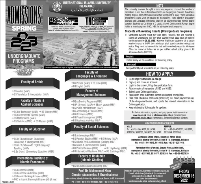 International Islamic University Islamabad Admission 2022