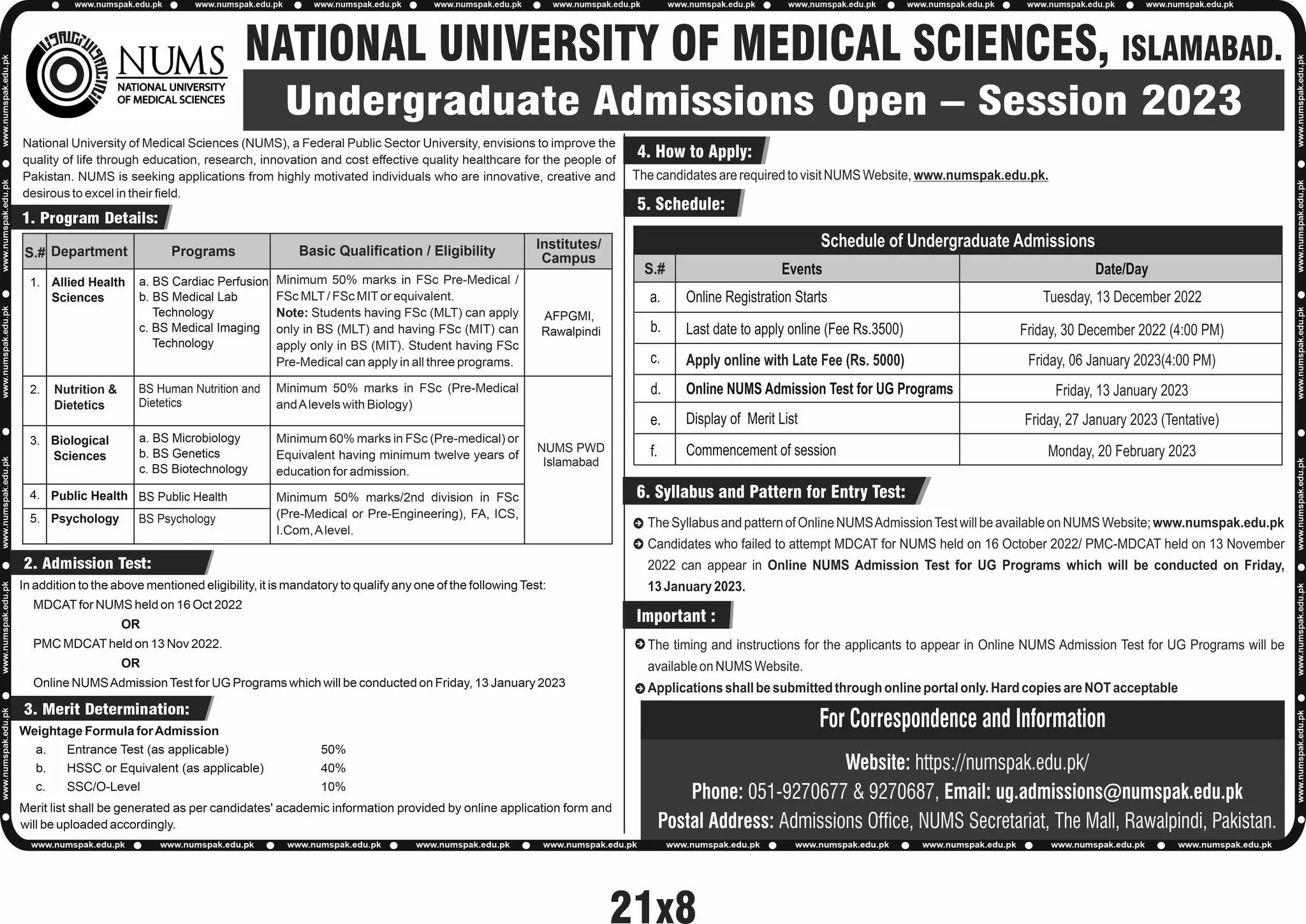 National University of Medical Sciences Admission 2024 Test Result