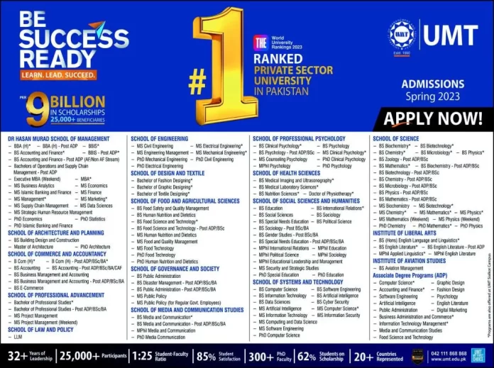 UMT University Admissions Schedule 2023