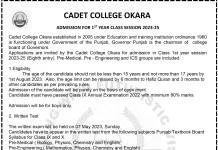 Cadet College Okara Admission 2023