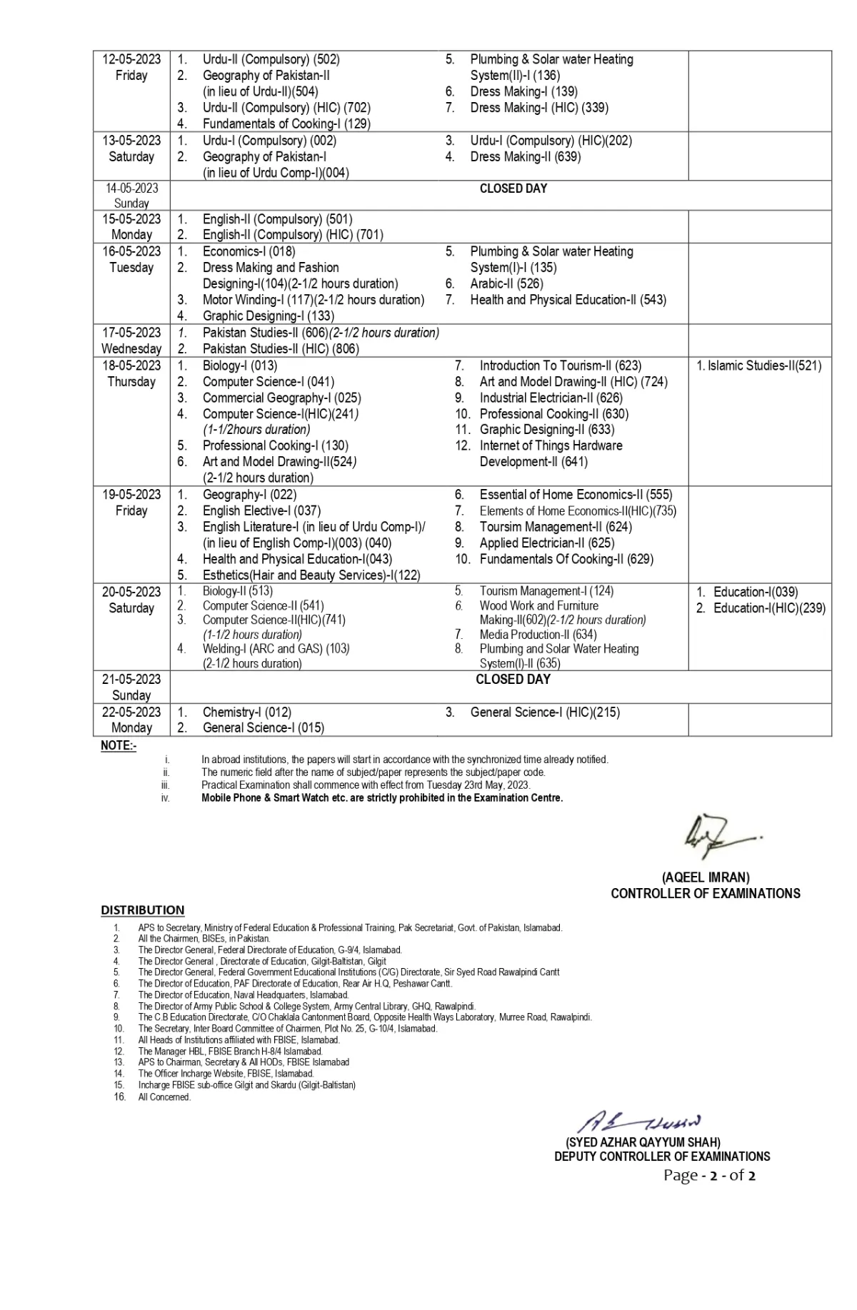 Federal Board 9th 10th Class Date Sheet 2023 Matric fbise.edu.pk