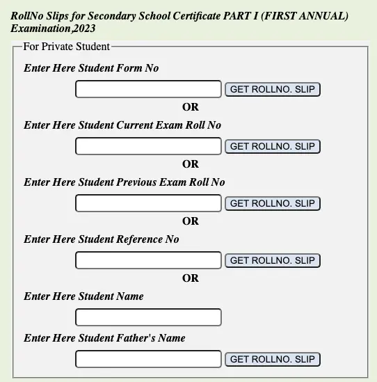 BISE Lahore Board 9th Class Roll Number Slip 2024