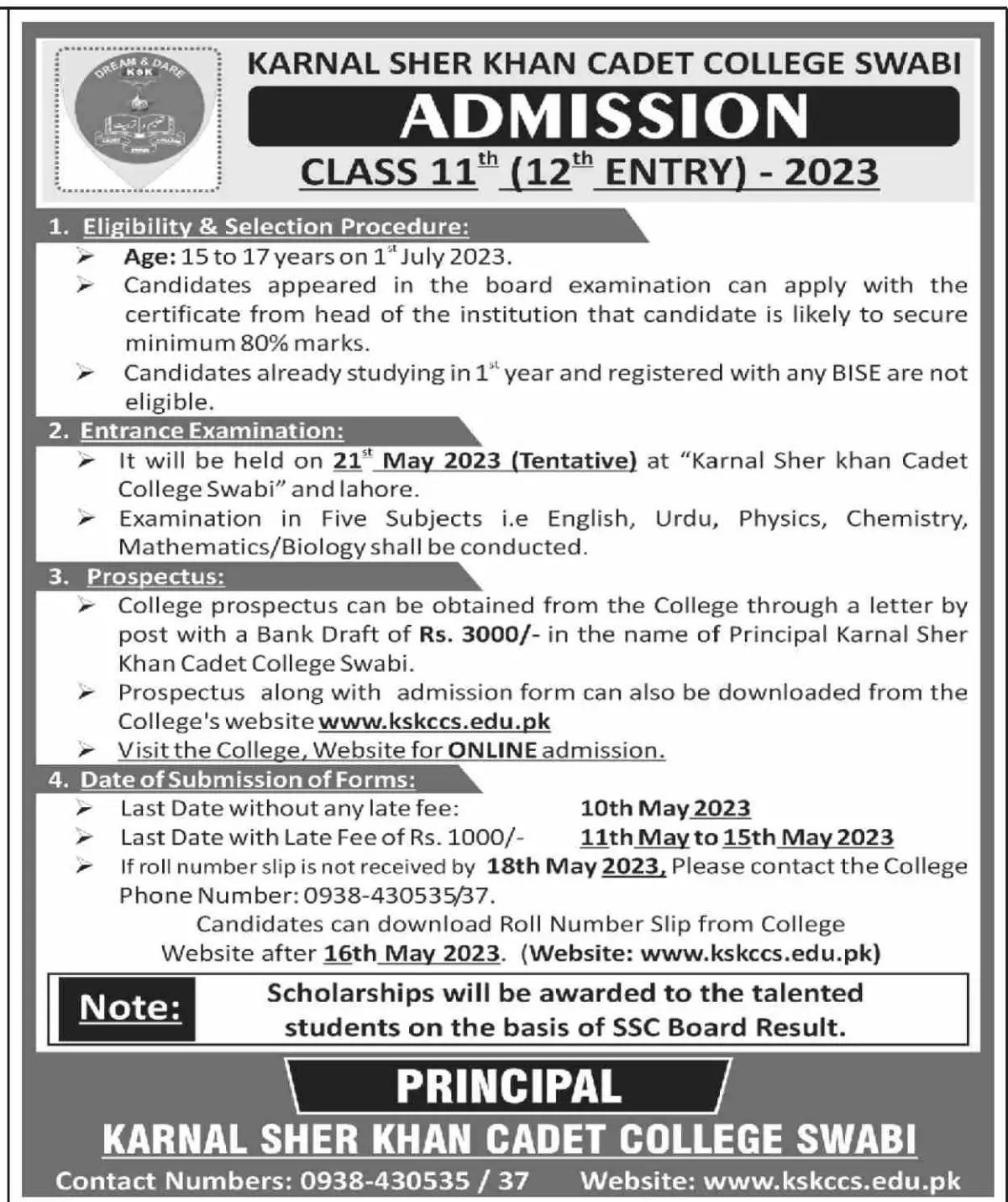 Karnal Sher Khan Cadet College Swabi Admission 2023 Entry