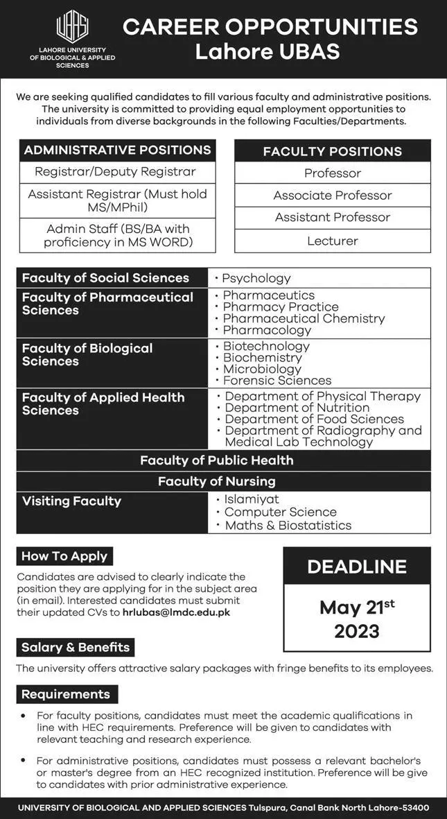 Lahore University of Biological Applied Sciences Lahore Jobs Online