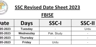 FBISE Matric Revised date sheet 2023