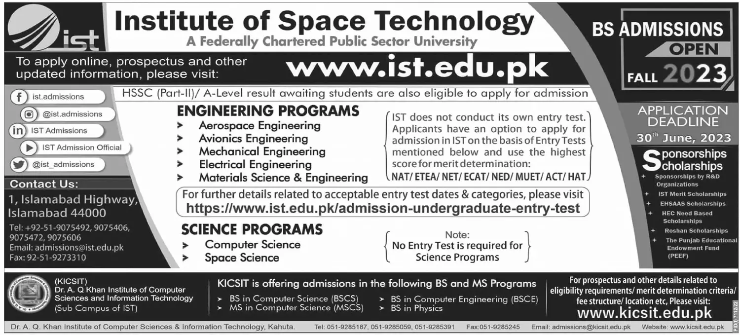 Institute of Space Technology Admission 2024 Fee Structure