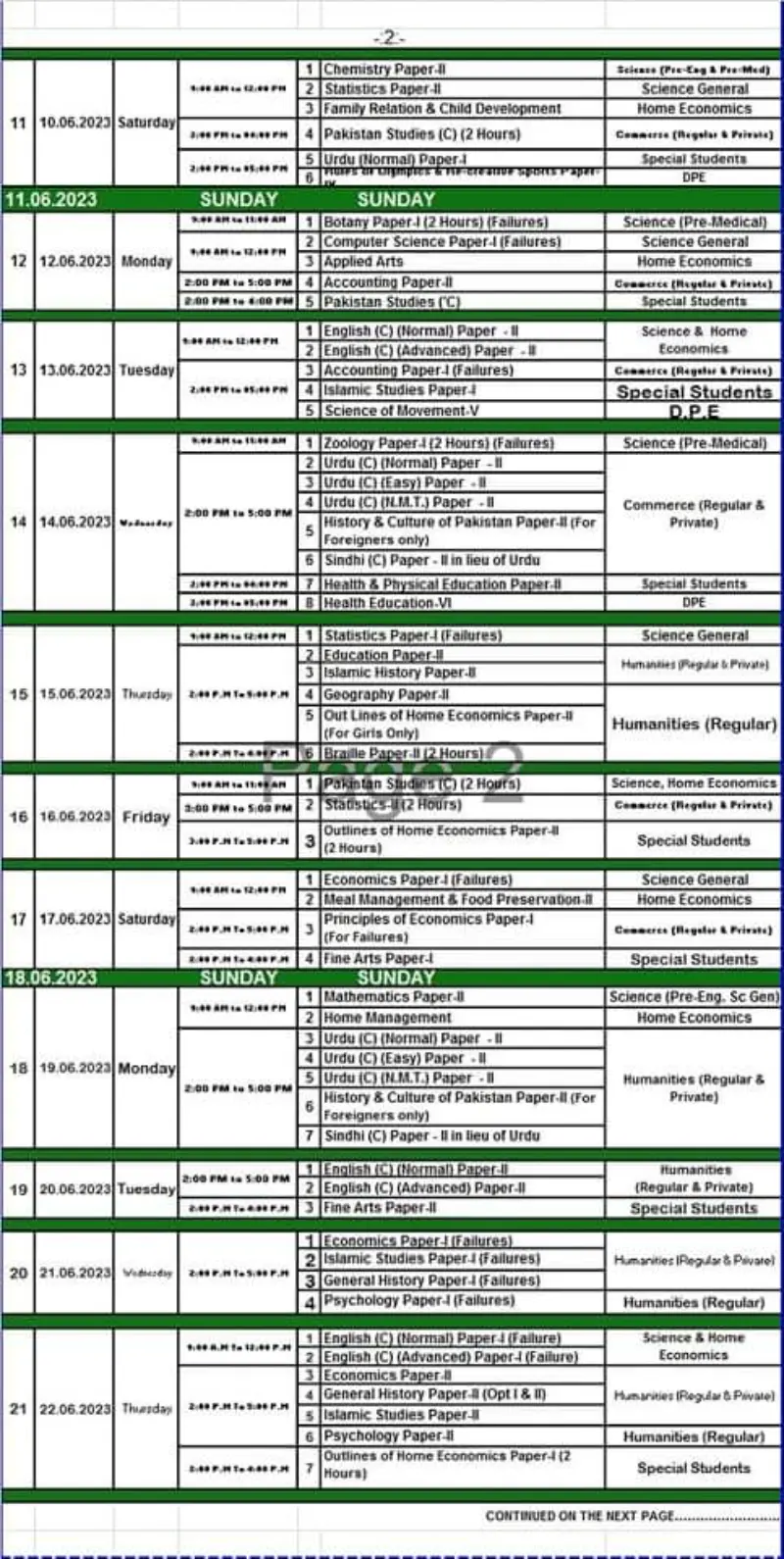 Karachi Board 12th Inter Date Sheet 2023