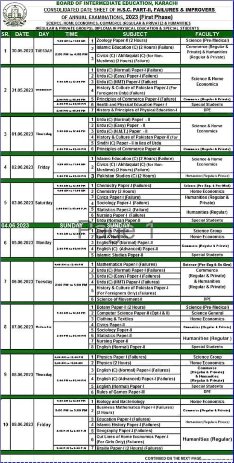 Karachi Board Inter 12th Date Sheet 2023