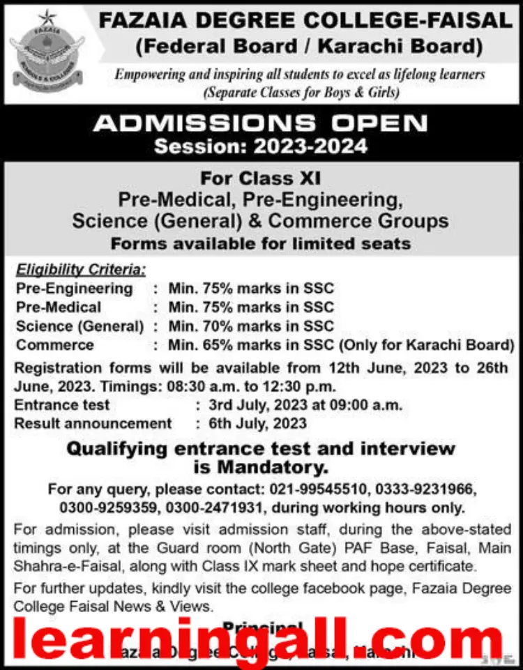 Fazaia Degree College Faisal Karachi admission 2024