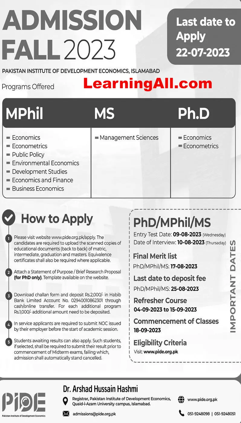 PIDE University Islamabad Admission 2024 Merit List