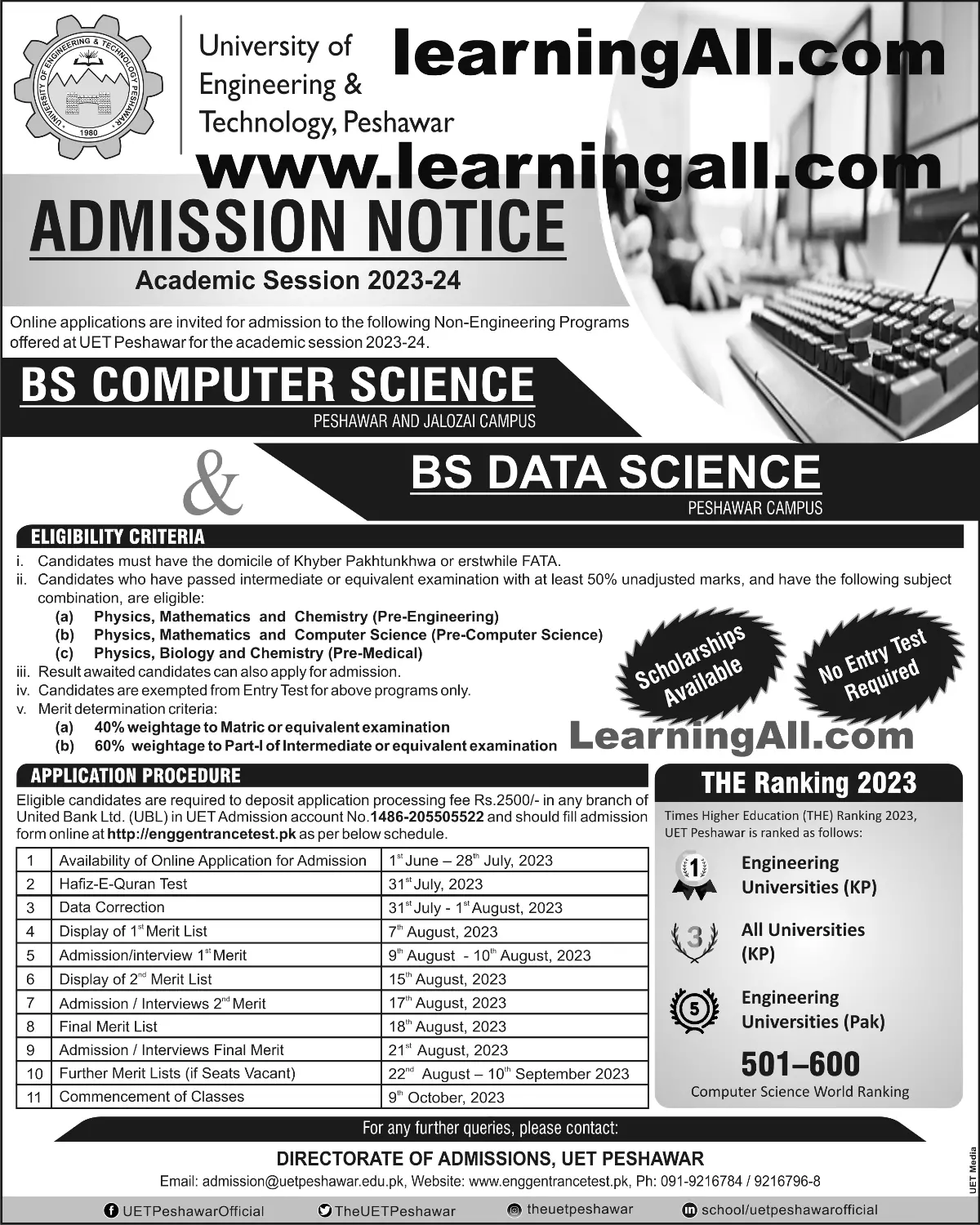 UET Peshawar BS Admission 2024 Learningall.com
