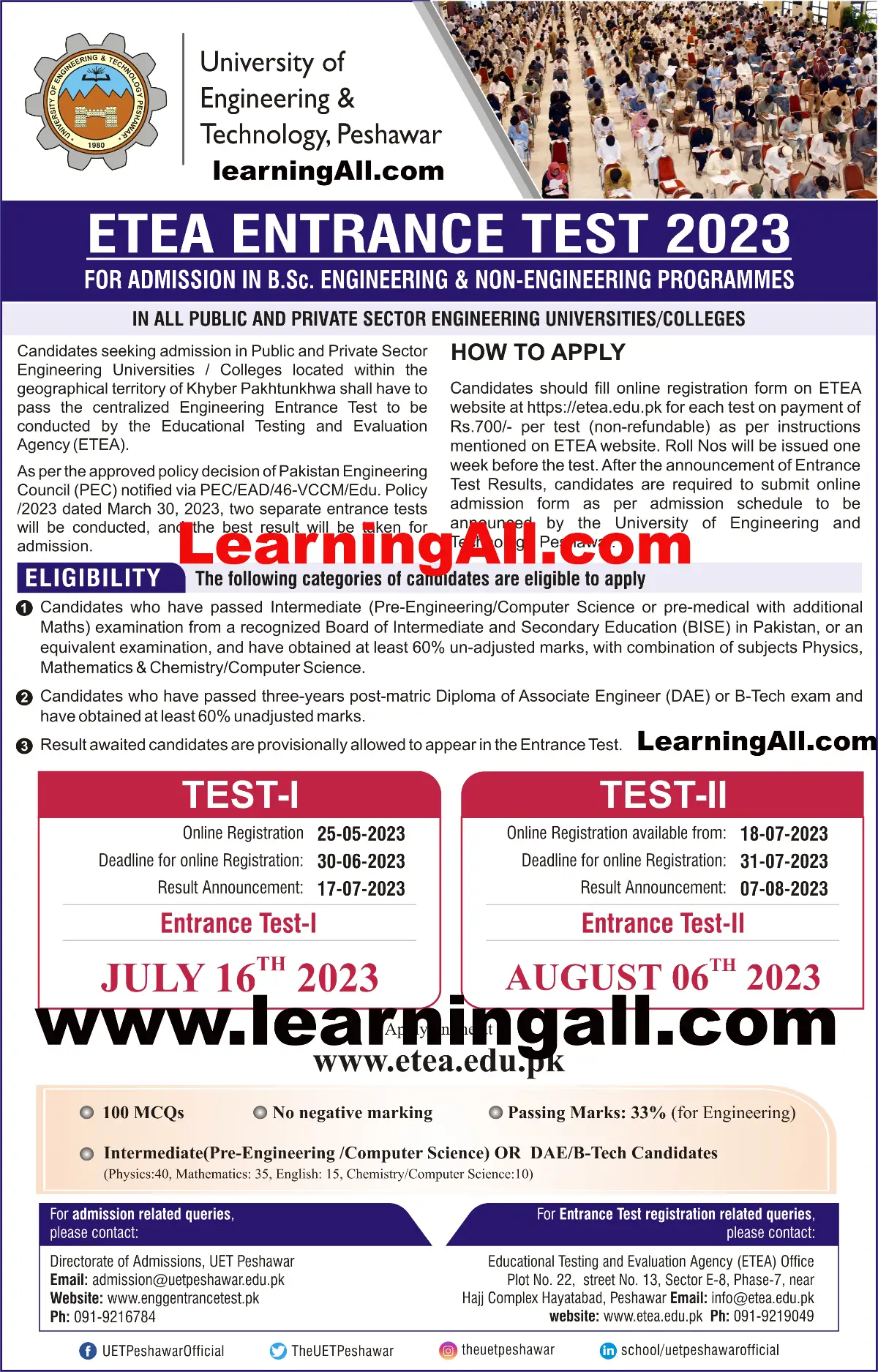UET Peshawar Entry Test Date LearningAll.com
