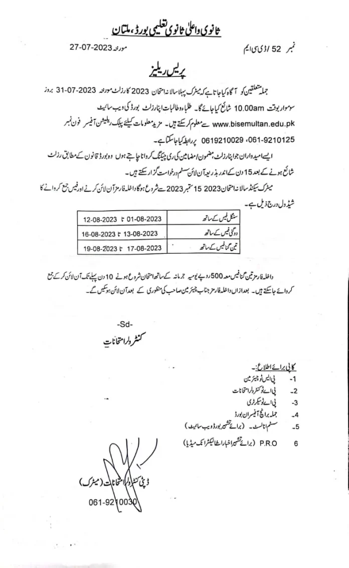 Bise Multan Board Matric Result 2023 10th