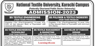 National Textile University Karachi Admission 2023