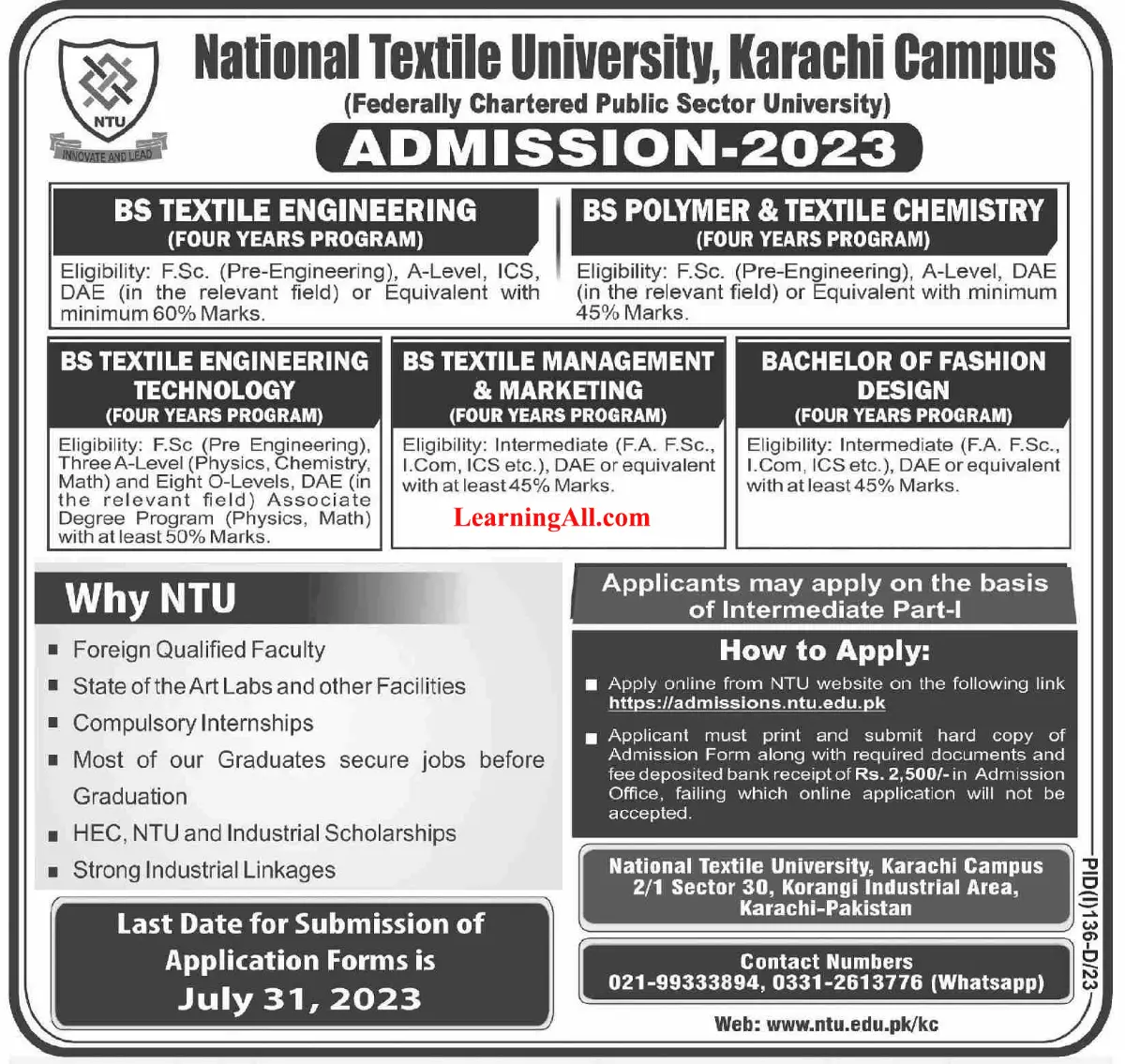 National Textile University Karachi Admission 2024