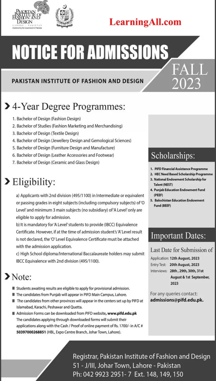 PIFD Lahore Admission 2023