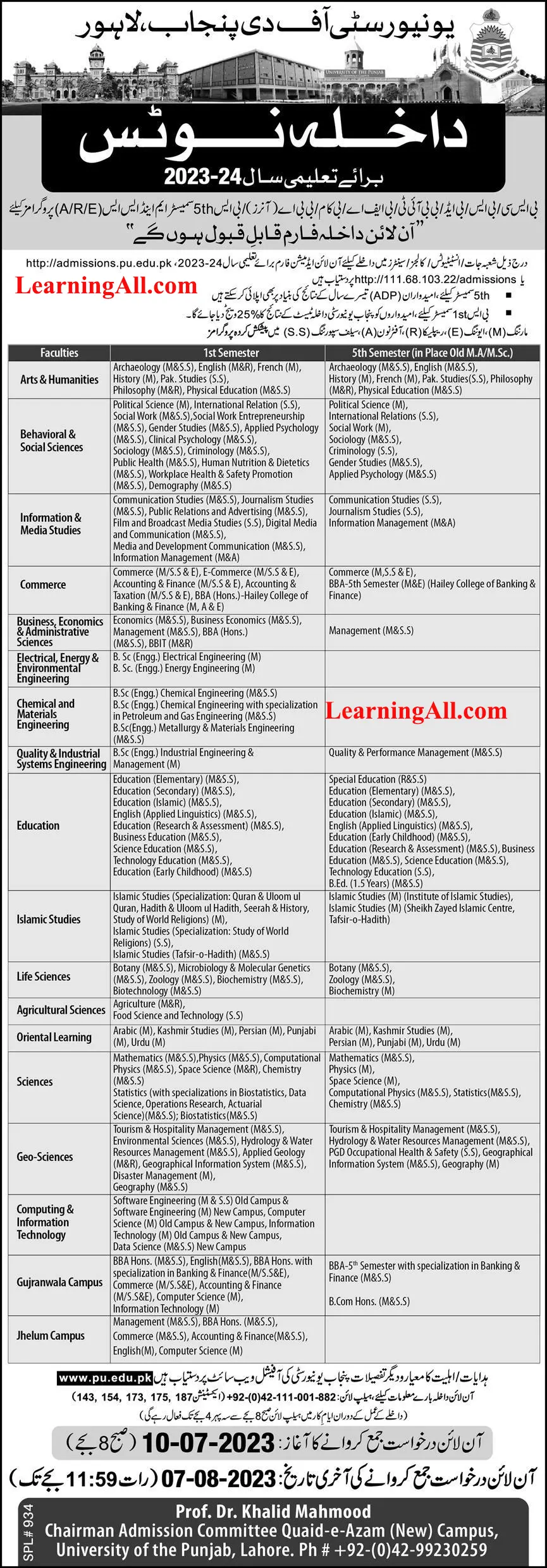 PU Lahore Admission 2023 LearningAll.com