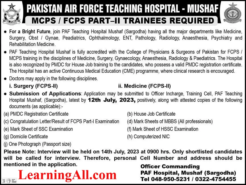 Pakistan Air Force Teaching Trainee Jobs 2023