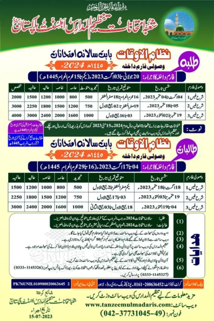 Tanzeem Ul Madaris Admission Form 2023