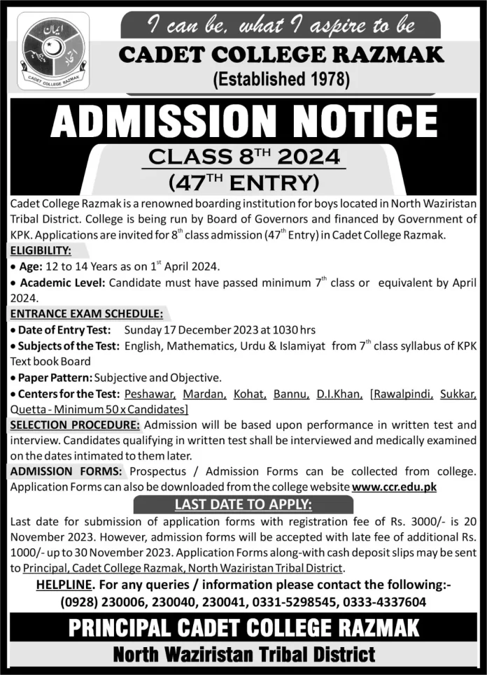 Cadet College Razmak Admission 2024