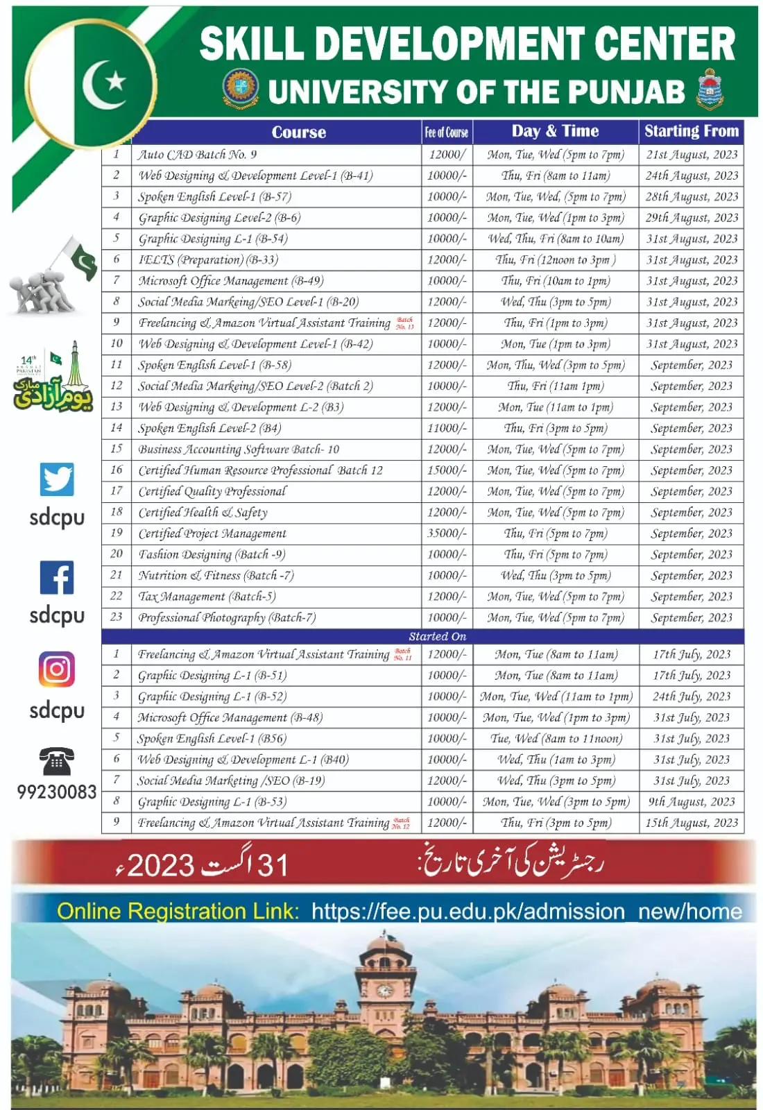 Punjab University Lahore Skill Development Courses 2024