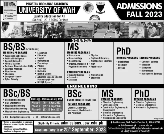 University of Wah Admission 2023 Merit List