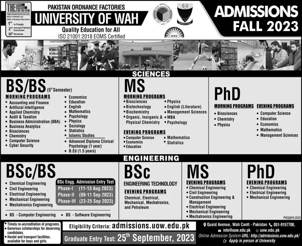 University of Wah Admission 2023 Merit List
