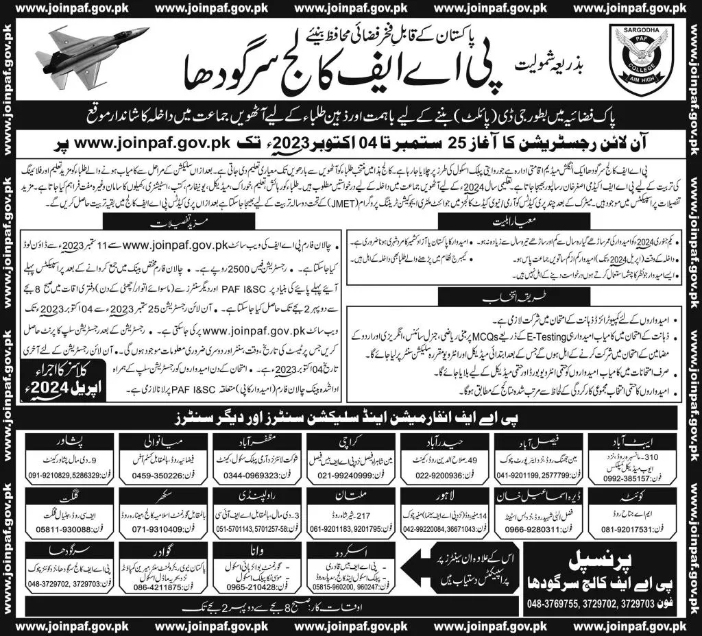 PAF College Sargodha Admission 2024