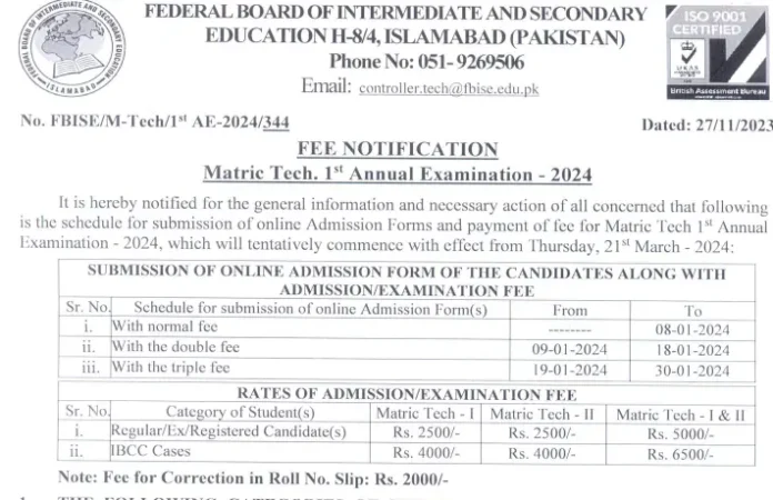 FBISE Technical Education Admission Fee Structure