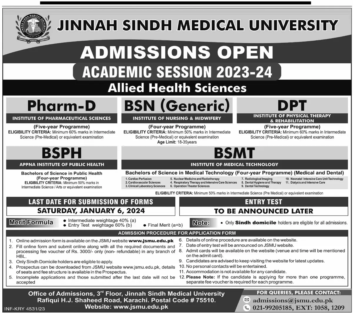 Jinnah Sindh Medical University Admission 2024