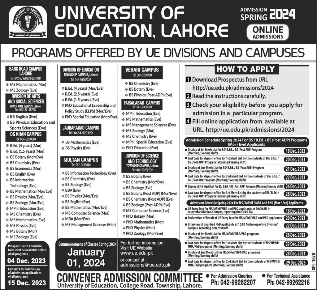 University of Education Lahore Admissions 2024