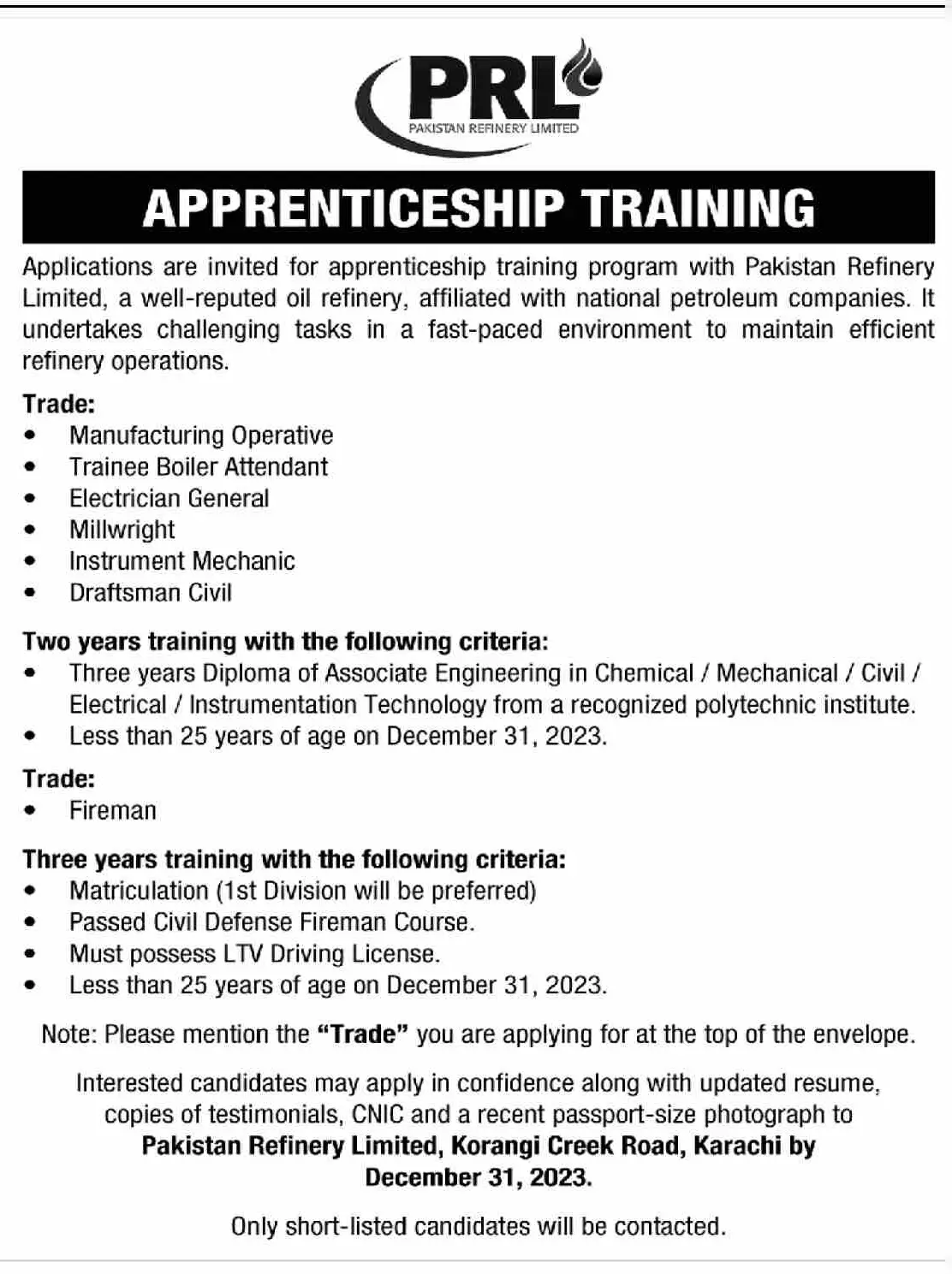 Pakistan Refinery limited Apprenticeship 2024