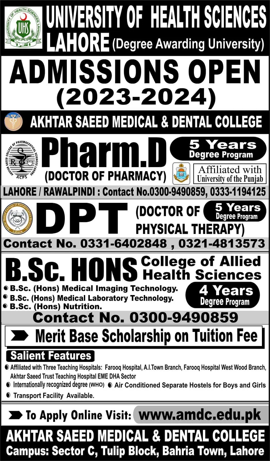 Akhtar Saeed Medical Dental College Admission 2024