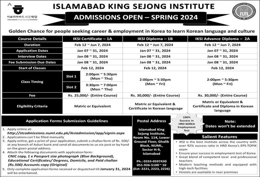 Islamabad King Sejong Institute Courses Fee