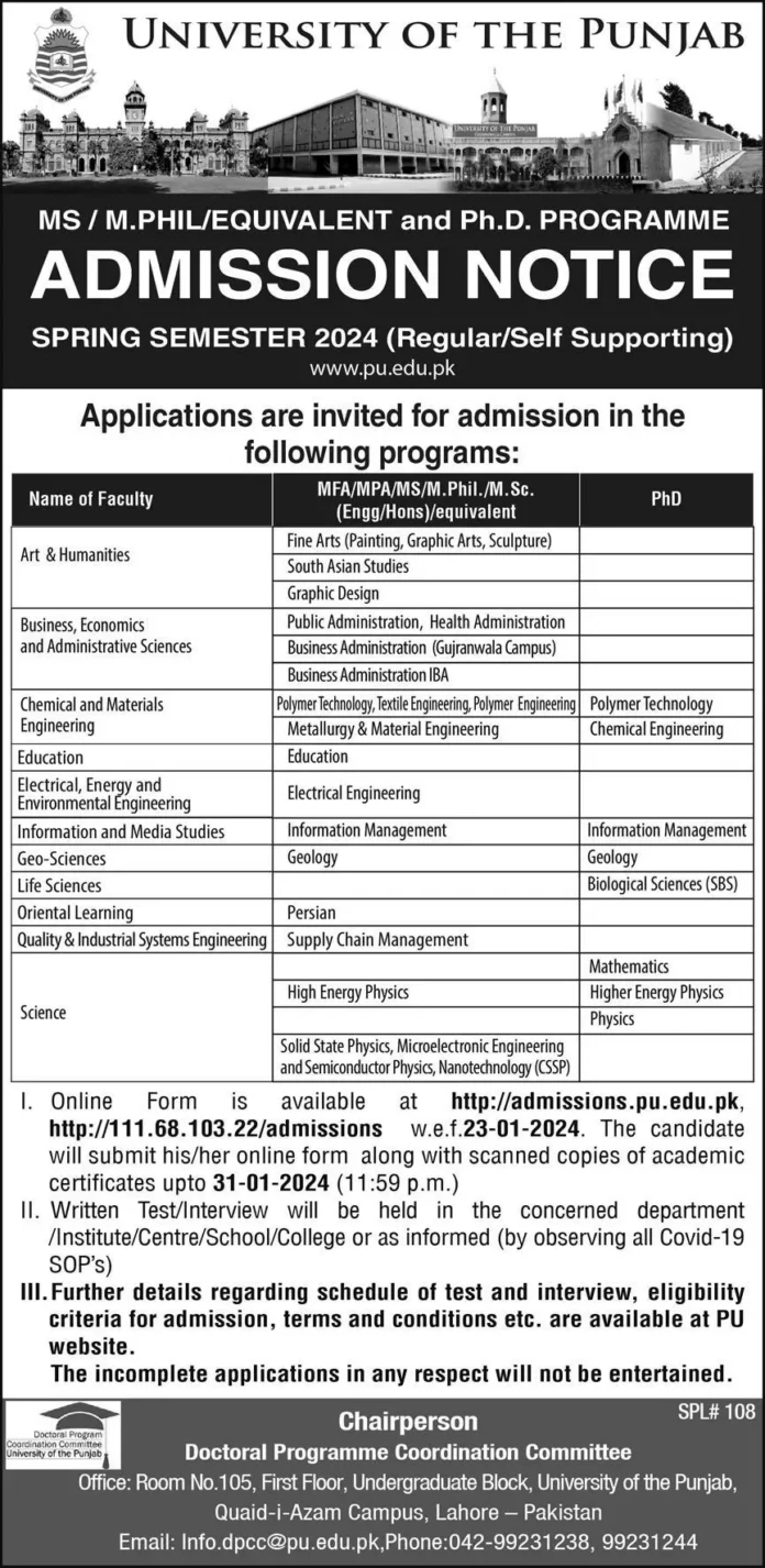 PU Lahore MS M.Phil PhD Admission 2024