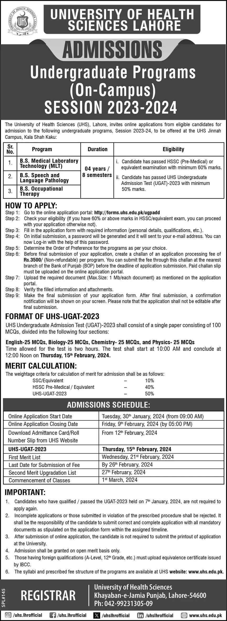 UHS Lahore BS programs 2024