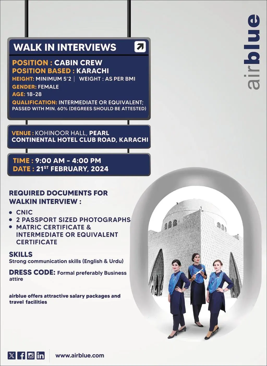 Air Blue Pakistan Jobs 2024 Cabin Crew