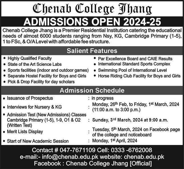 Chenab College Jhang Admission 2024 Fee