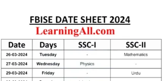 FBISE Matric 9th 10th Date Sheet 2024