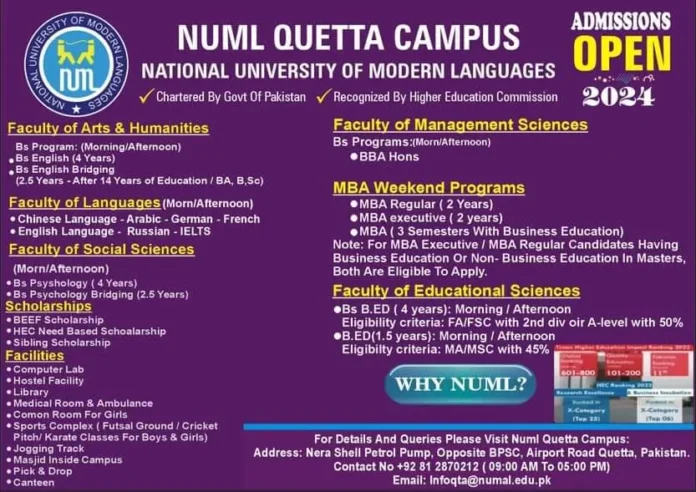 NUML Quetta Admission 2024