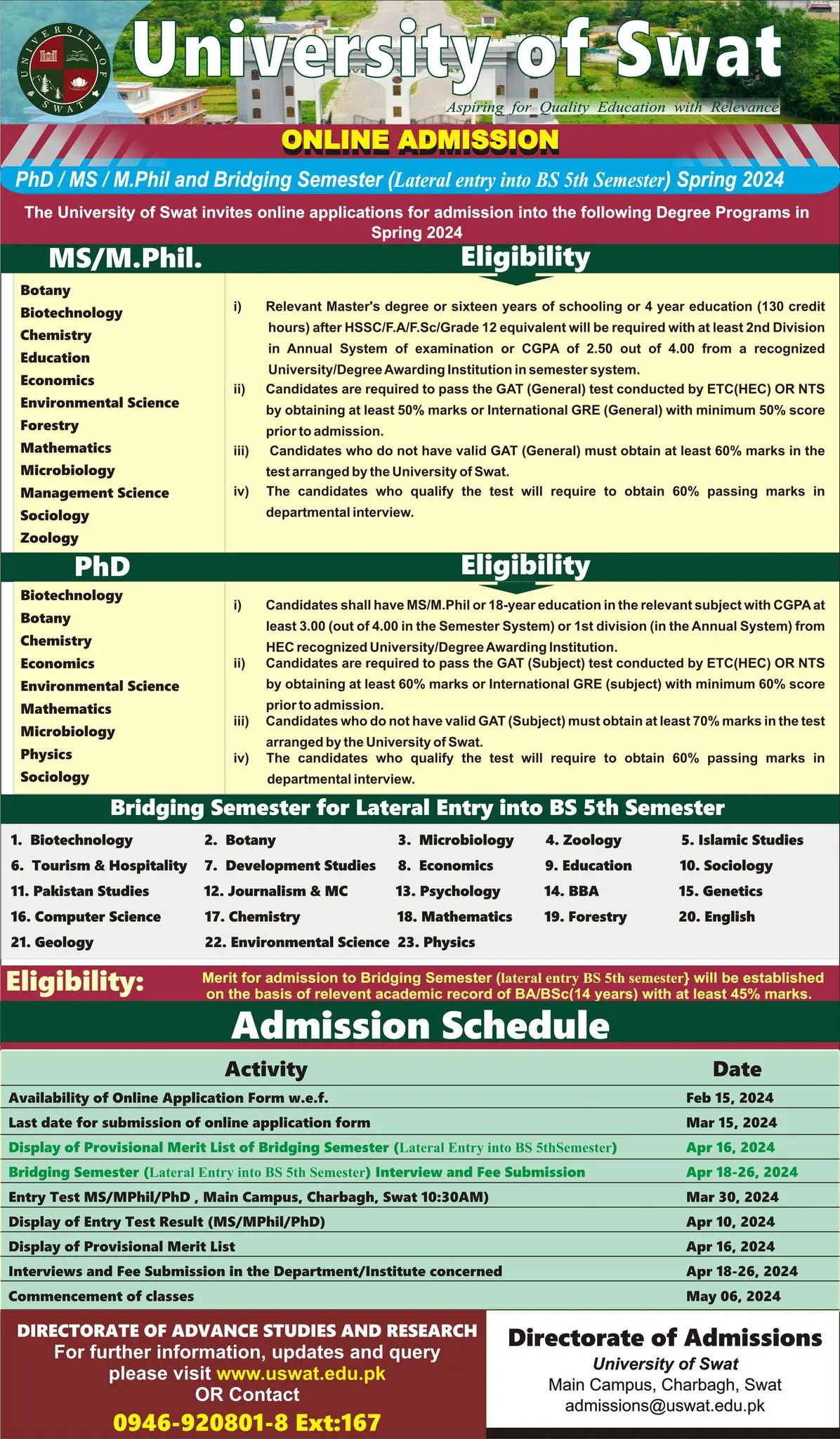 University of Swat Programs 2024 Fee