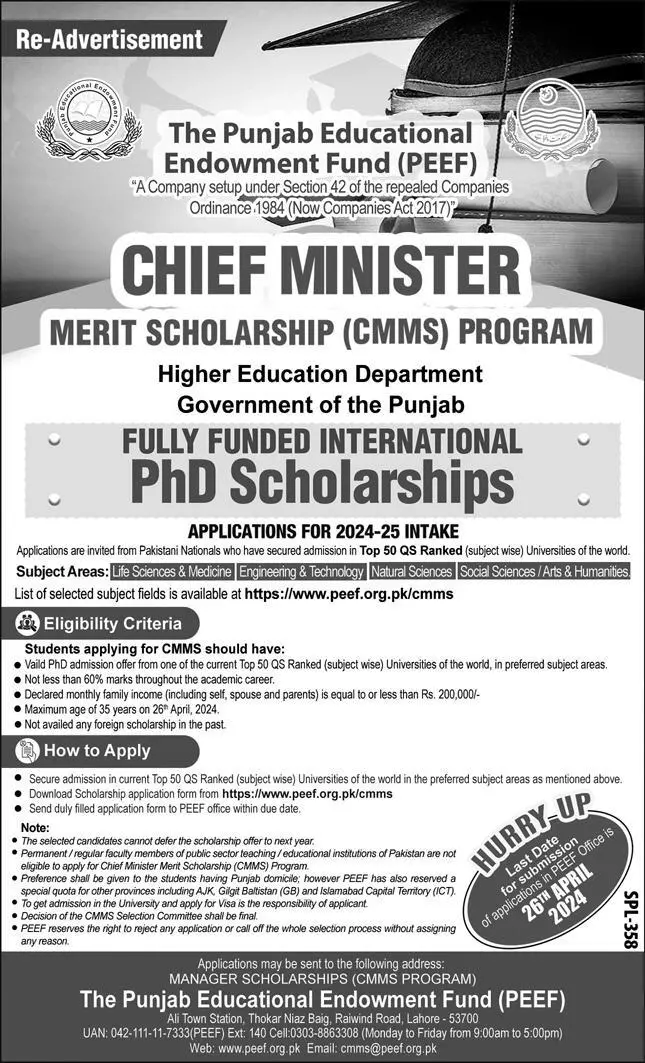 CM Punjab Merit PhD Scholarship 2024